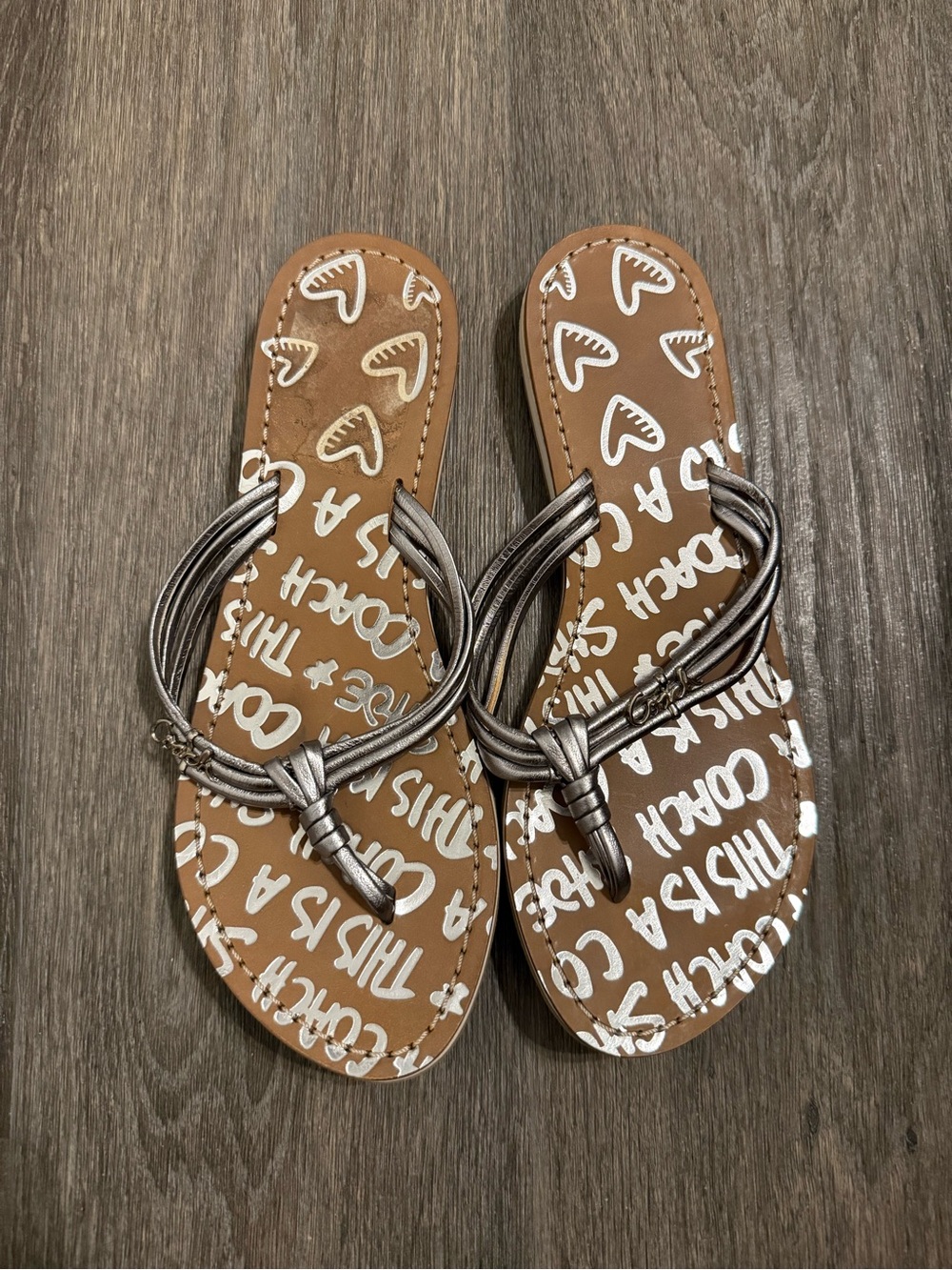 Coach Tan Graphic Leather Sandals with Metallic Silver Straps